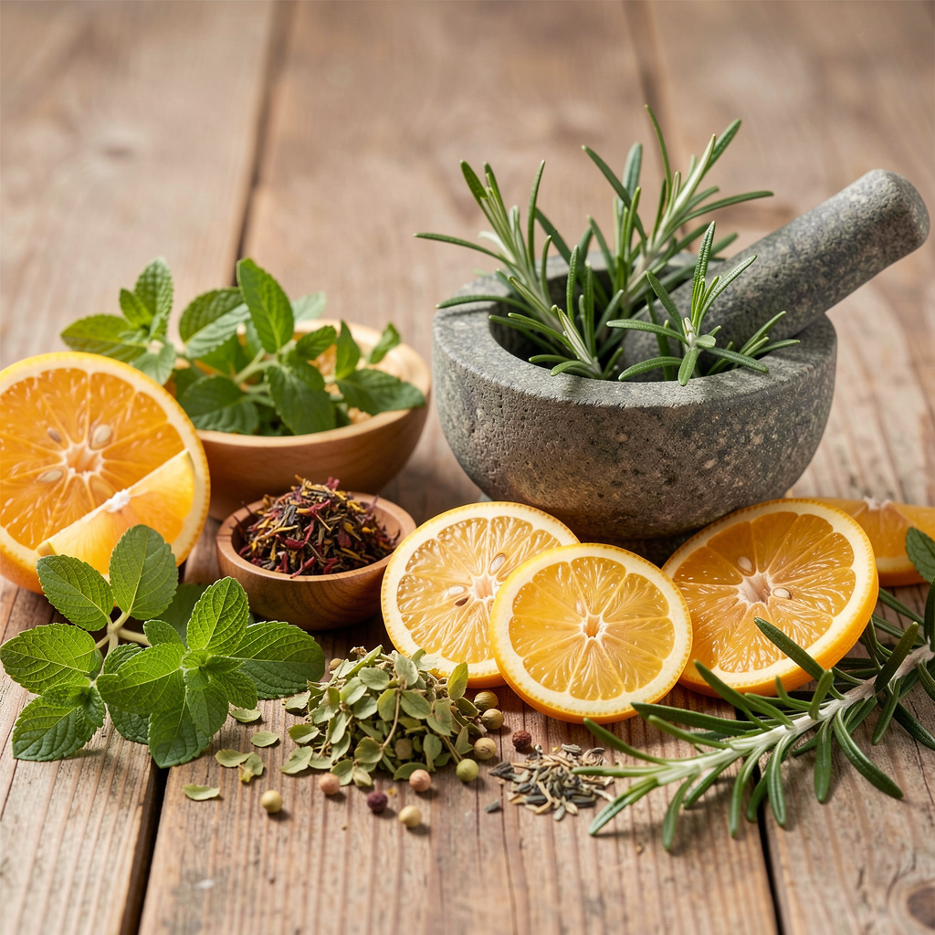 Fresh botanical ingredients including herbs and plant extracts used in the wellness complex